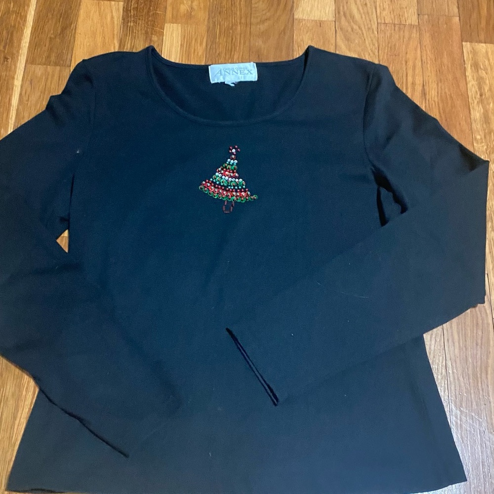 Casual Corner Black Long Sleeve Blouse with Festive Tree Design
